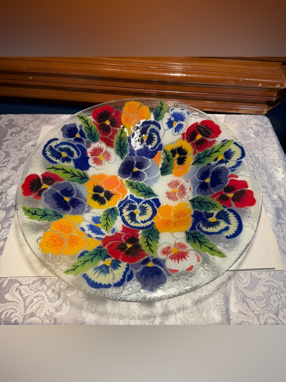 Peggy Karr fused art glass platter, Pansies pattern, featuring colorful flowers
